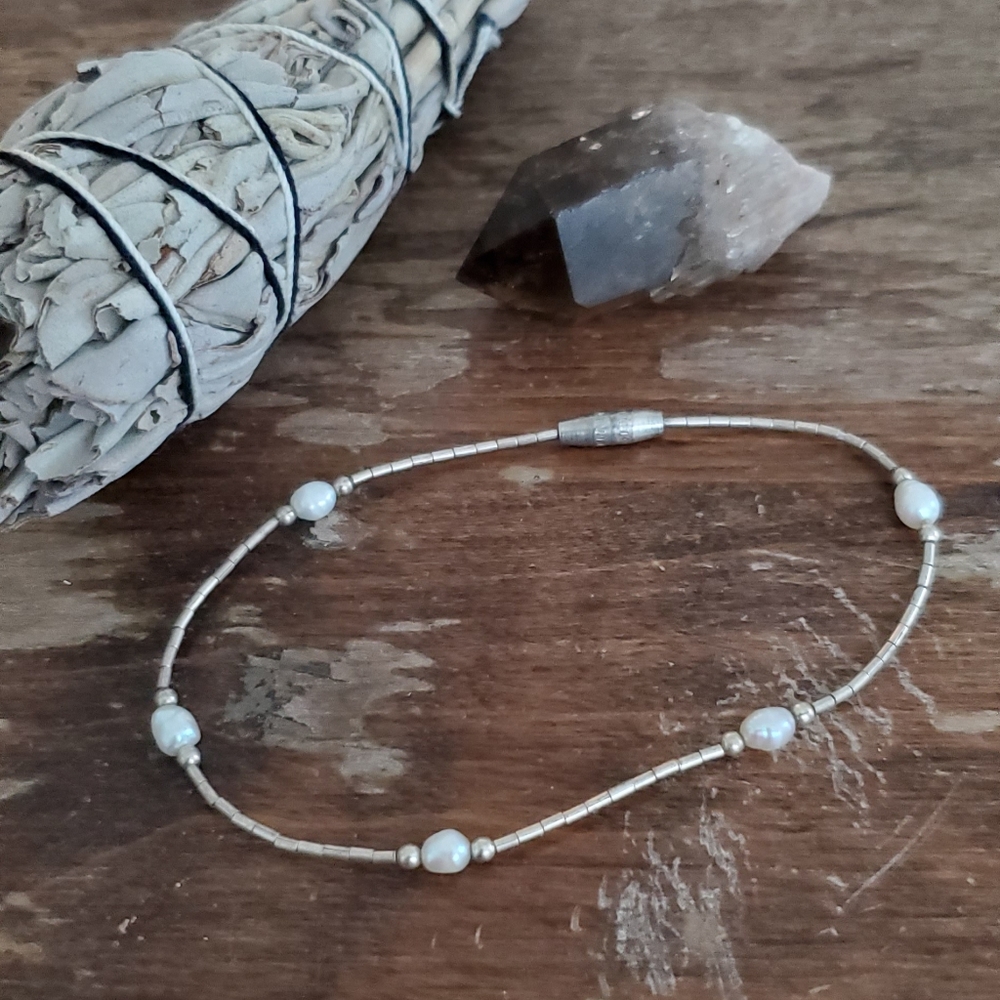 silver bead pearl boho metal chain bracelet